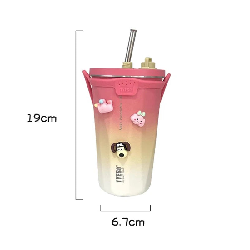 Kawaii Sainless Steel Tumbler for Coffee Car Mug Freeze Thermos Vacuum Flask Water Bottle with Straw Keep Cold Hot Cup 600Ml