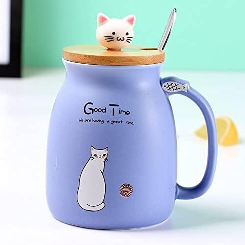 Sharmee Cute Ceramic Cat Mugs with Spoon and Wooden Lid, Tea Cup Coffee Water Milk Mug for Home Office Drinkware Gift 420Ml/18.2Oz(Purple)