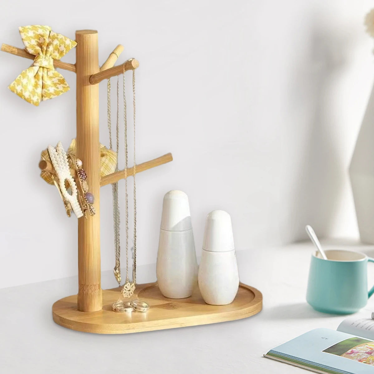 Mug Tree Holder - Bamboo Coffee Cup Rack with 3/6 Hooks, Non-Slip Kitchen Organizer for Counter, Perfect for Home & Cafe Decor
