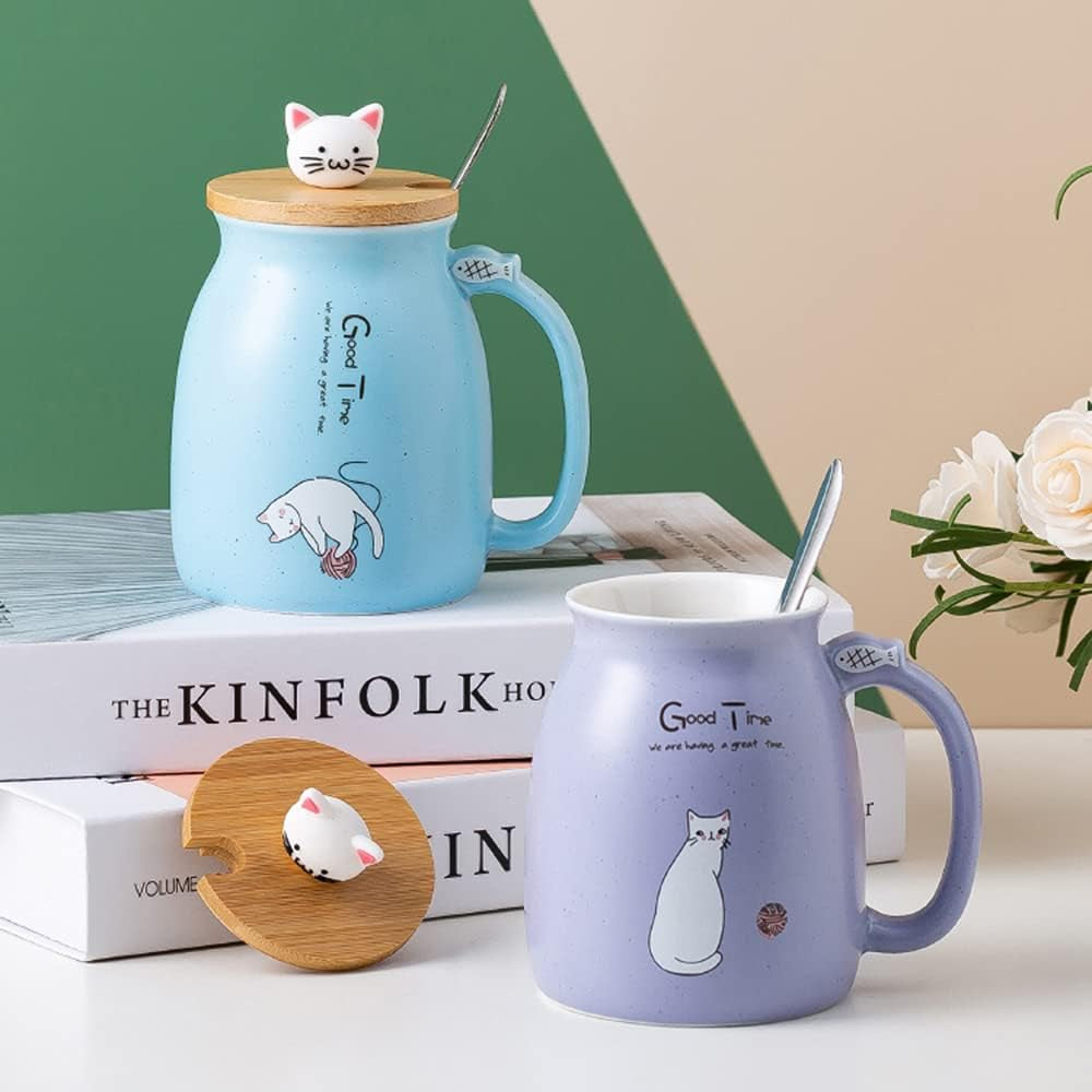 Sharmee Cute Ceramic Cat Mugs with Spoon and Wooden Lid, Tea Cup Coffee Water Milk Mug for Home Office Drinkware Gift 420Ml/18.2Oz(Purple)