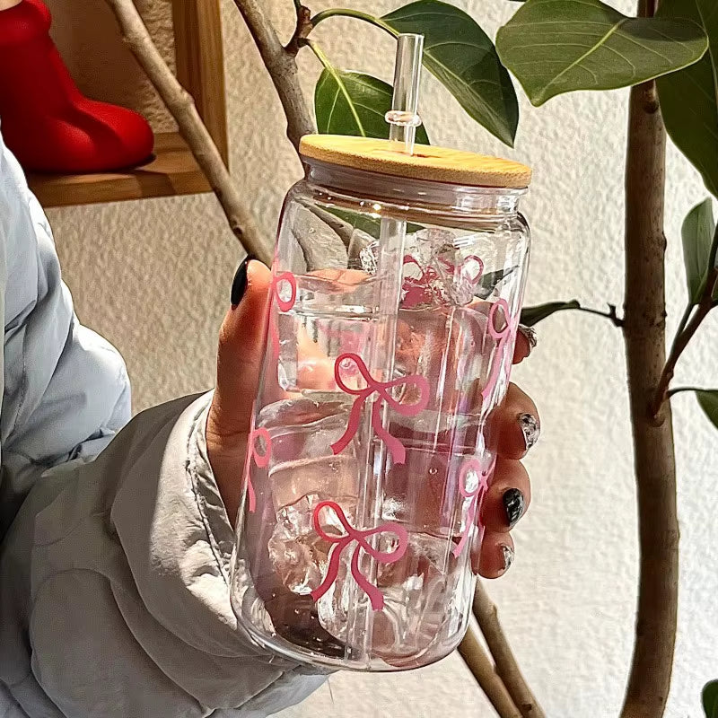 500Ml Cute Bow Glass Cup Tumbler Mason Jar Shaped Water Bottle with Lids Straw Coffee Cups Party Gift for Iced Coffee Juice Cup
