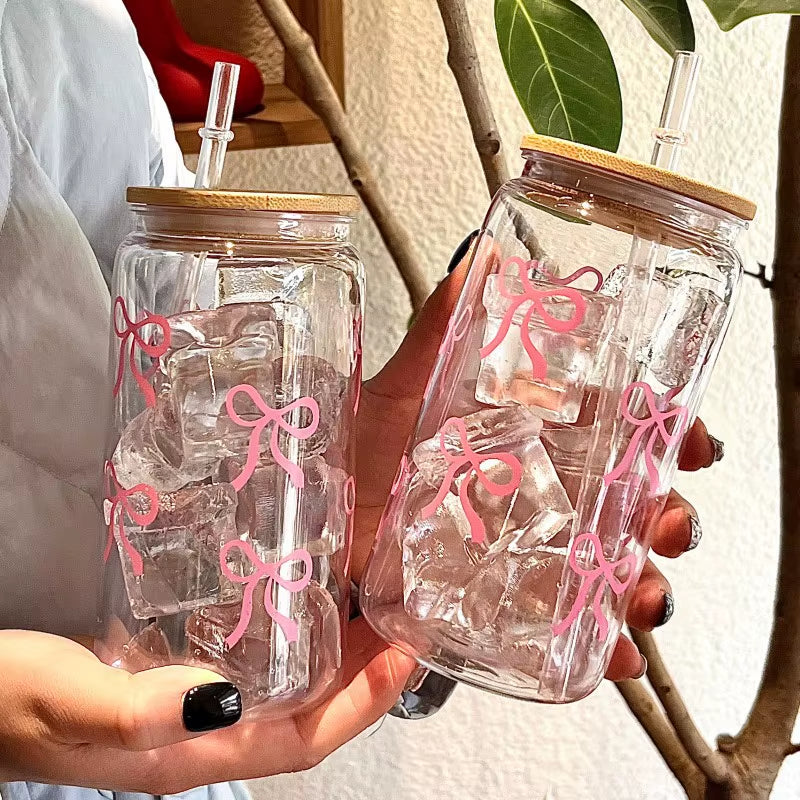 500Ml Cute Bow Glass Cup Tumbler Mason Jar Shaped Water Bottle with Lids Straw Coffee Cups Party Gift for Iced Coffee Juice Cup