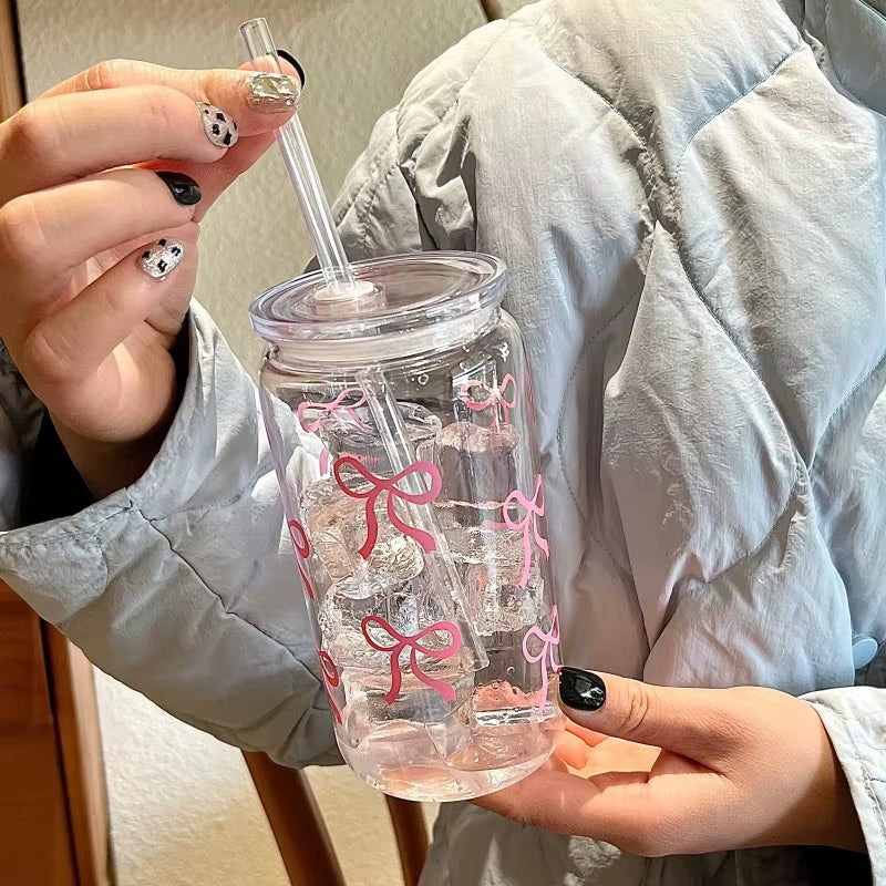 500Ml Cute Bow Glass Cup Tumbler Mason Jar Shaped Water Bottle with Lids Straw Coffee Cups Party Gift for Iced Coffee Juice Cup