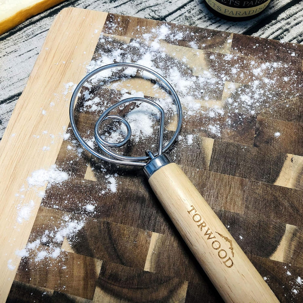 Danish Dough Whisk Bread Mixer Large 13.5 Inches Stainless Steel Wooden Dutch Hook for Baking, Loaves, Pastries and Pizza, Comes with a Dough Scraper