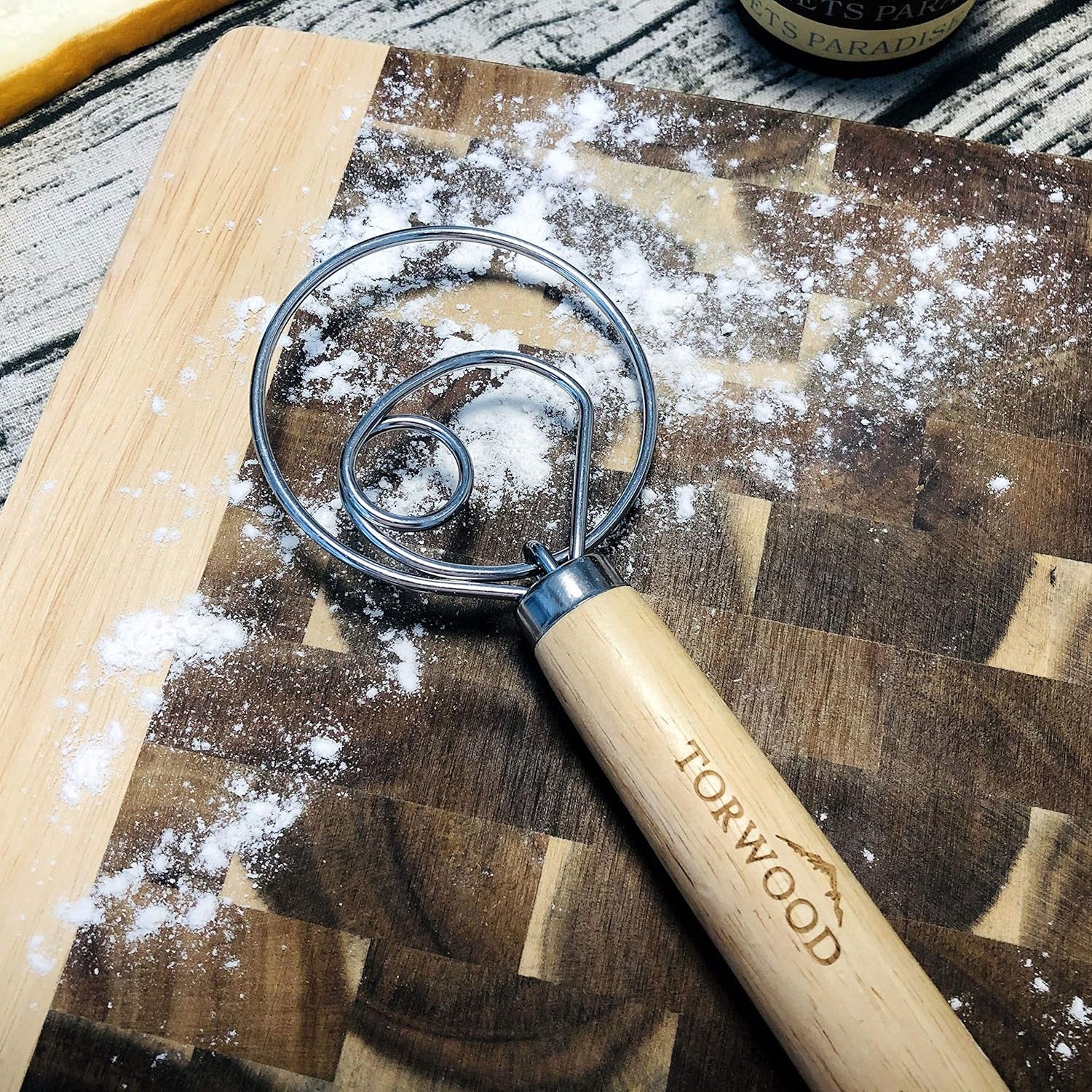Danish Dough Whisk Bread Mixer Large 13.5 Inches Stainless Steel Wooden Dutch Hook for Baking, Loaves, Pastries and Pizza, Comes with a Dough Scraper
