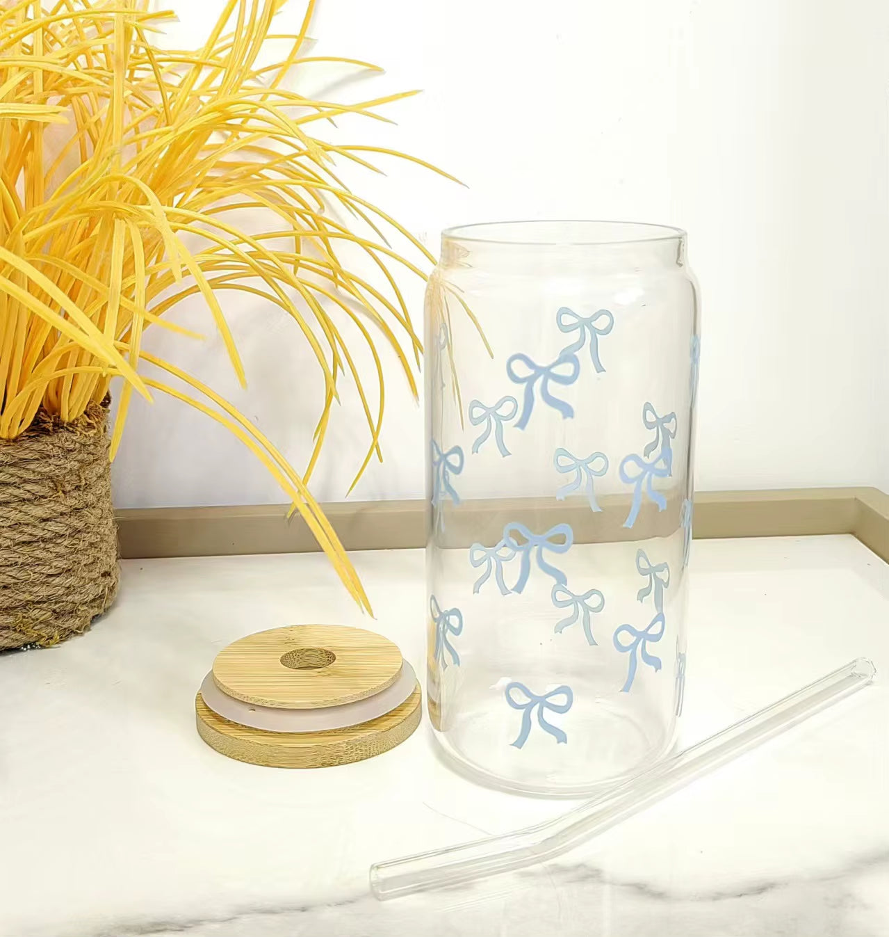 500Ml Cute Bow Glass Cup Tumbler Mason Jar Shaped Water Bottle with Lids Straw Coffee Cups Party Gift for Iced Coffee Juice Cup