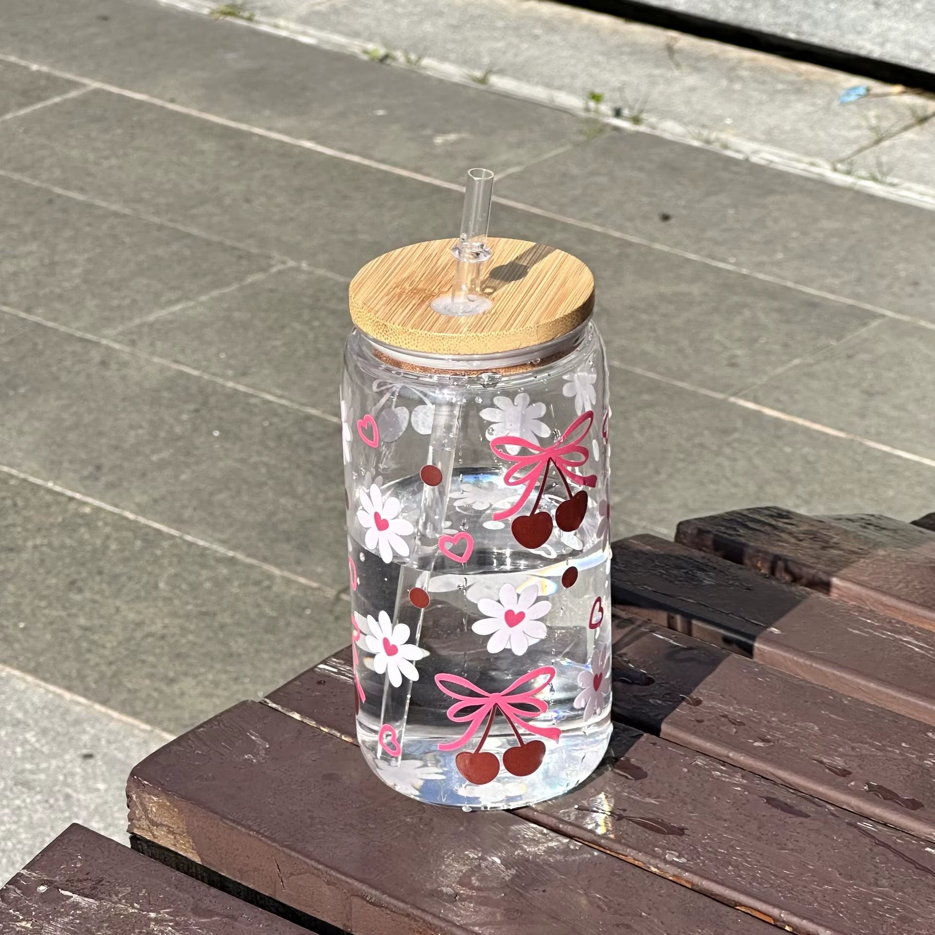 500Ml Cute Bow Glass Cup Tumbler Mason Jar Shaped Water Bottle with Lids Straw Coffee Cups Party Gift for Iced Coffee Juice Cup