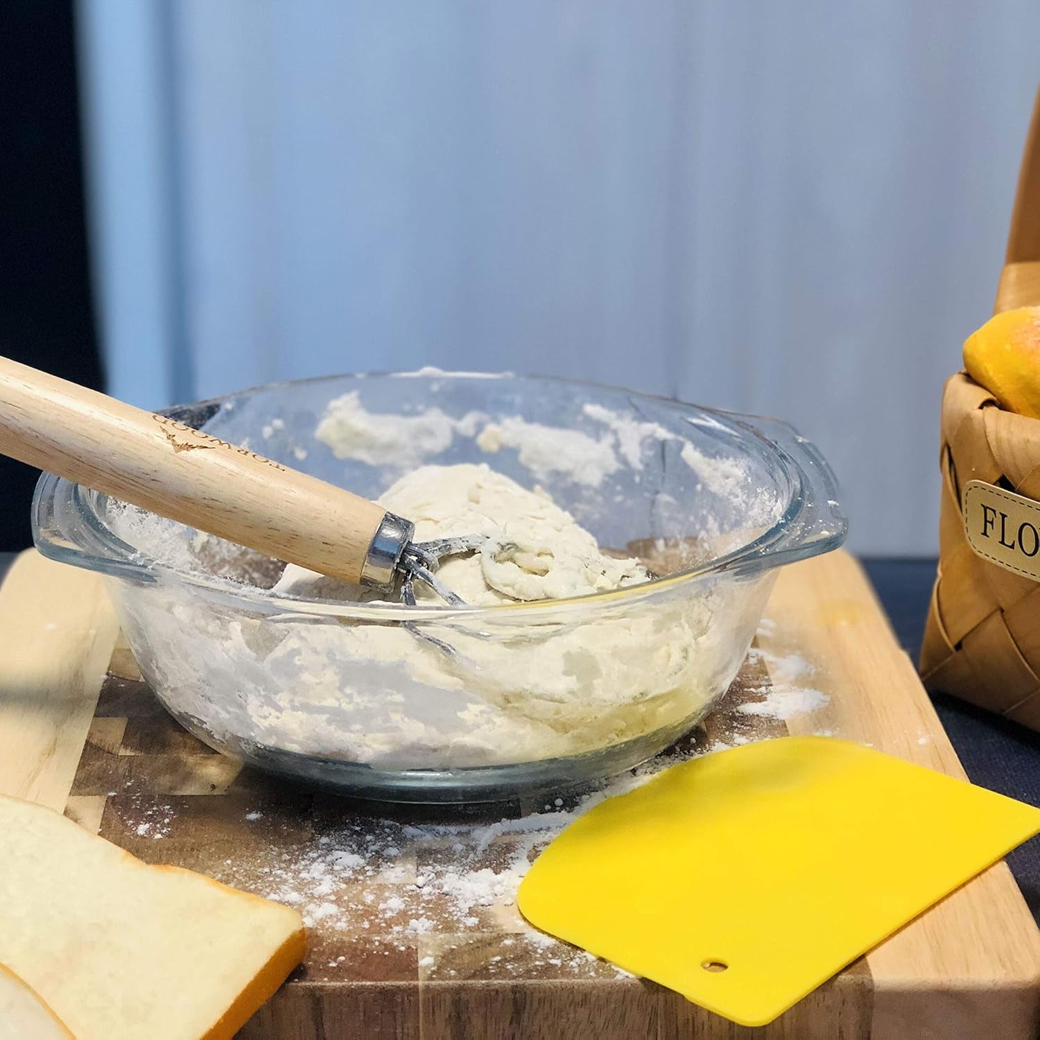 Danish Dough Whisk Bread Mixer Large 13.5 Inches Stainless Steel Wooden Dutch Hook for Baking, Loaves, Pastries and Pizza, Comes with a Dough Scraper