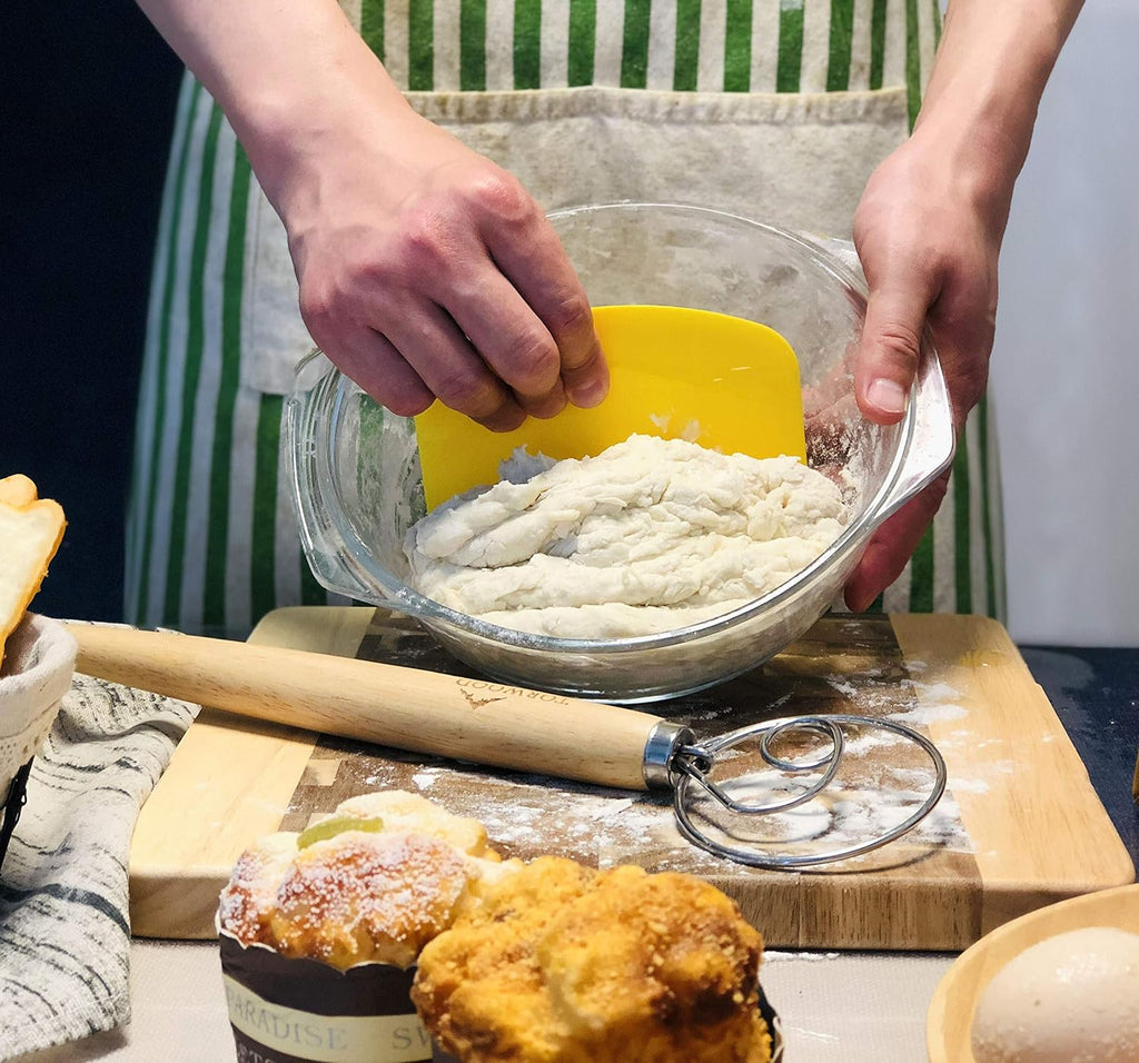 Danish Dough Whisk Bread Mixer Large 13.5 Inches Stainless Steel Wooden Dutch Hook for Baking, Loaves, Pastries and Pizza, Comes with a Dough Scraper