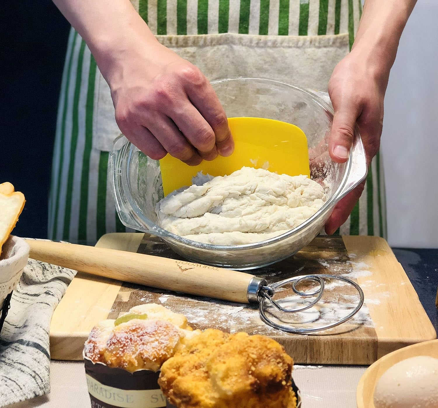 Danish Dough Whisk Bread Mixer Large 13.5 Inches Stainless Steel Wooden Dutch Hook for Baking, Loaves, Pastries and Pizza, Comes with a Dough Scraper