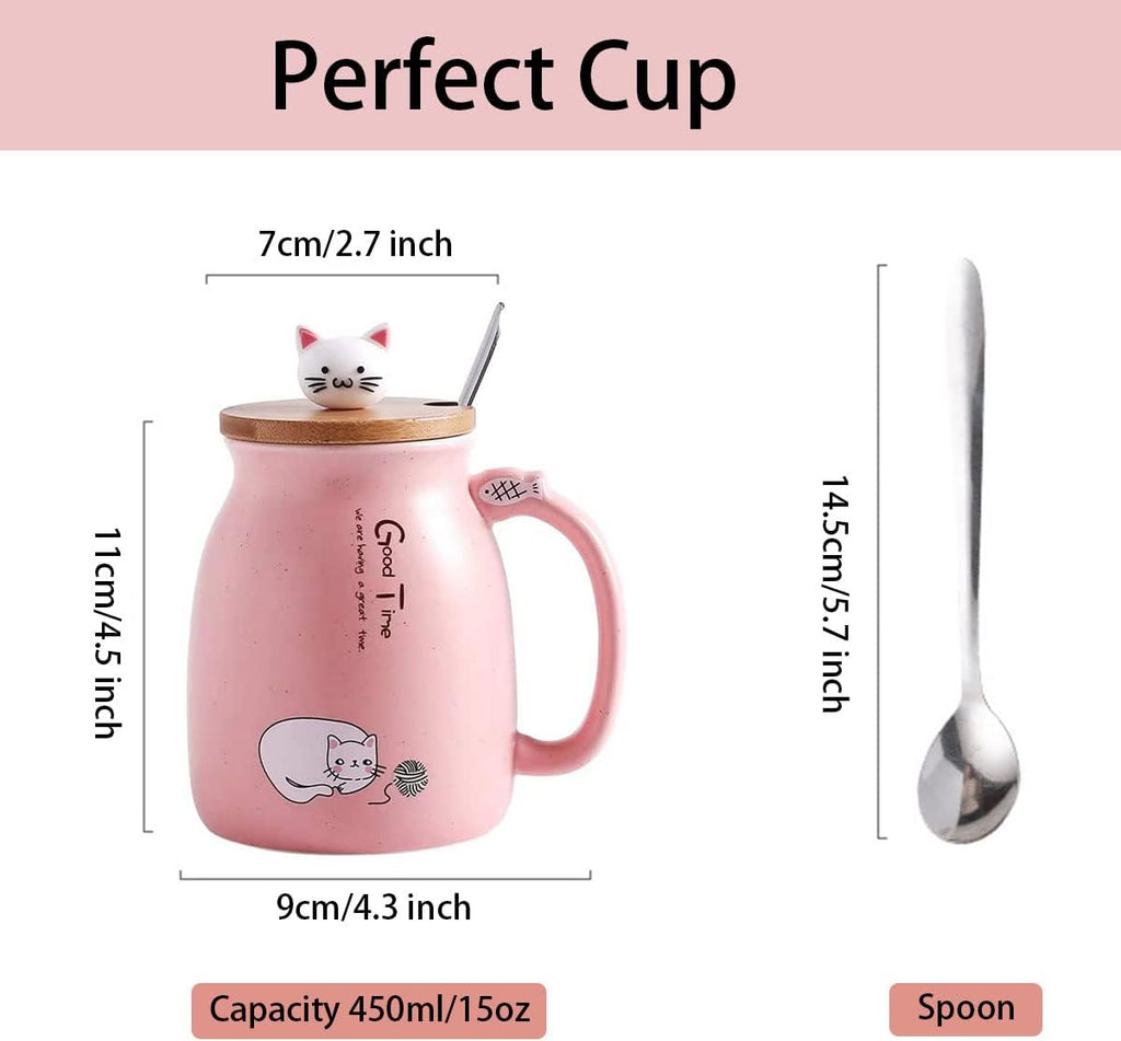 Cute Kawaii Ceramic Mug with Lid and Spoon for Tea, Coffee, Milk - Pink Gift Cup 450Ml/15Oz