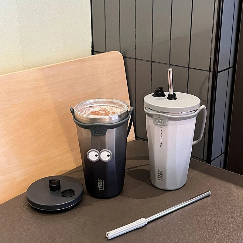 Kawaii Sainless Steel Tumbler for Coffee Car Mug Freeze Thermos Vacuum Flask Water Bottle with Straw Keep Cold Hot Cup 600Ml