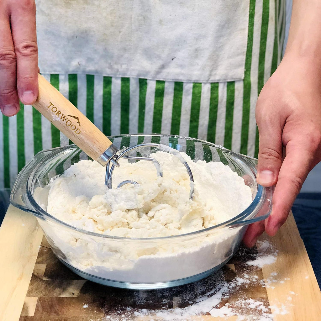Danish Dough Whisk Bread Mixer Large 13.5 Inches Stainless Steel Wooden Dutch Hook for Baking, Loaves, Pastries and Pizza, Comes with a Dough Scraper