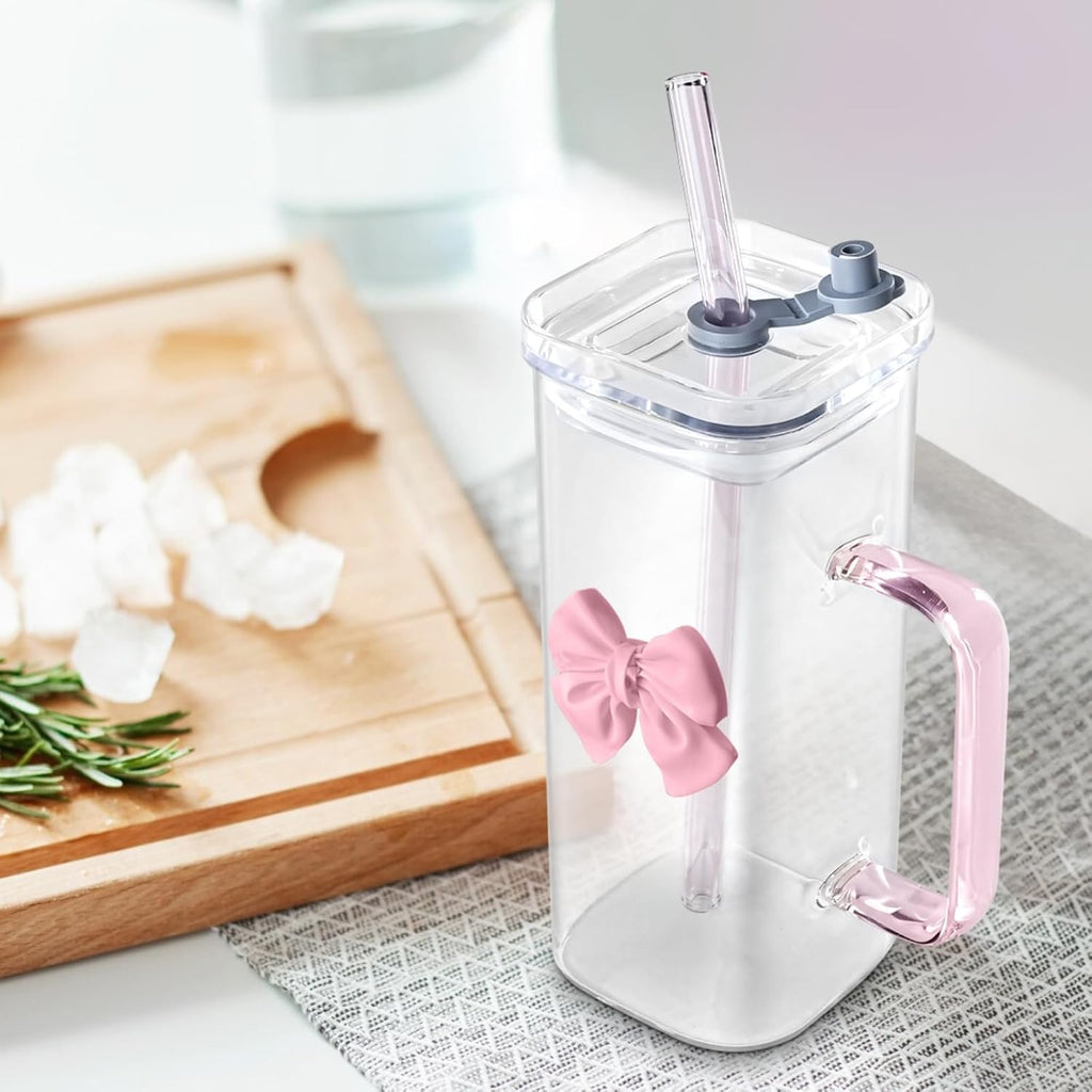 Cute Bow-Handled Glass Cup, Transparent Lemon Tea & Coffee Mug with Straw & Lid, Clear Milk Glass Cup for Home, Office, and Cafe Use
