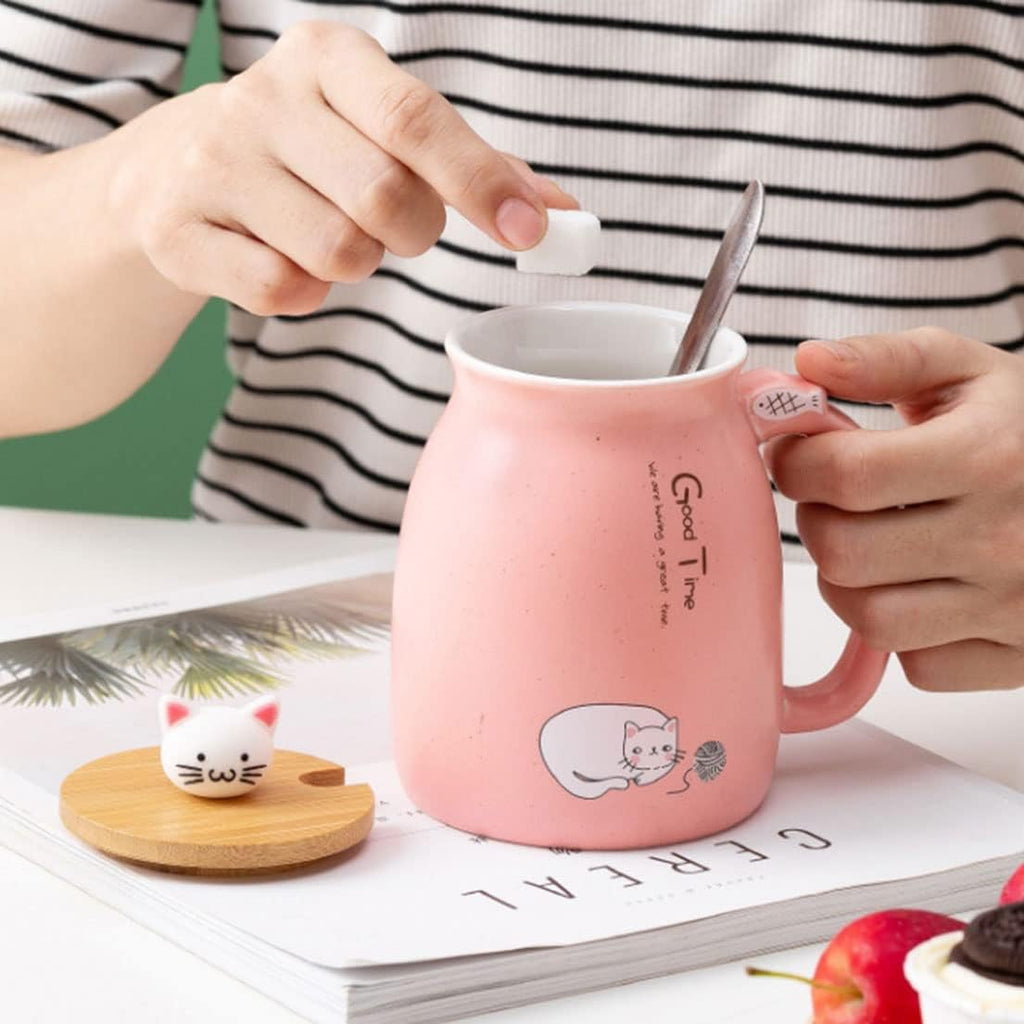 Cute Kawaii Ceramic Mug with Lid and Spoon for Tea, Coffee, Milk - Pink Gift Cup 450Ml/15Oz