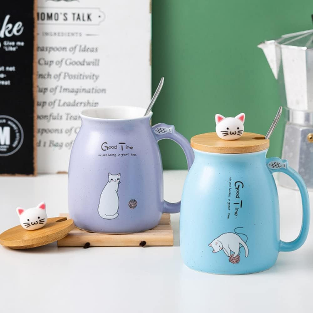 Sharmee Cute Ceramic Cat Mugs with Spoon and Wooden Lid, Tea Cup Coffee Water Milk Mug for Home Office Drinkware Gift 420Ml/18.2Oz(Purple)