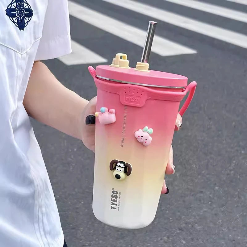 Kawaii Sainless Steel Tumbler for Coffee Car Mug Freeze Thermos Vacuum Flask Water Bottle with Straw Keep Cold Hot Cup 600Ml
