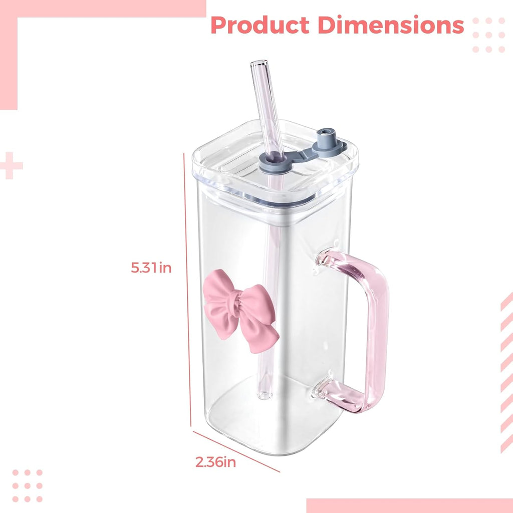 Cute Bow-Handled Glass Cup, Transparent Lemon Tea & Coffee Mug with Straw & Lid, Clear Milk Glass Cup for Home, Office, and Cafe Use