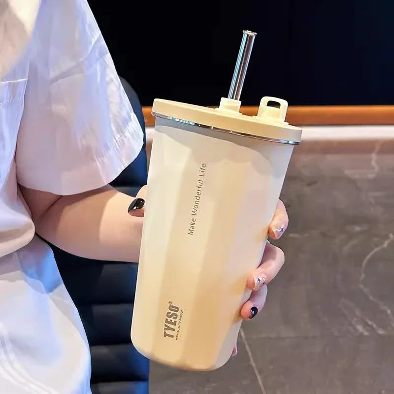 Kawaii Sainless Steel Tumbler for Coffee Car Mug Freeze Thermos Vacuum Flask Water Bottle with Straw Keep Cold Hot Cup 600Ml