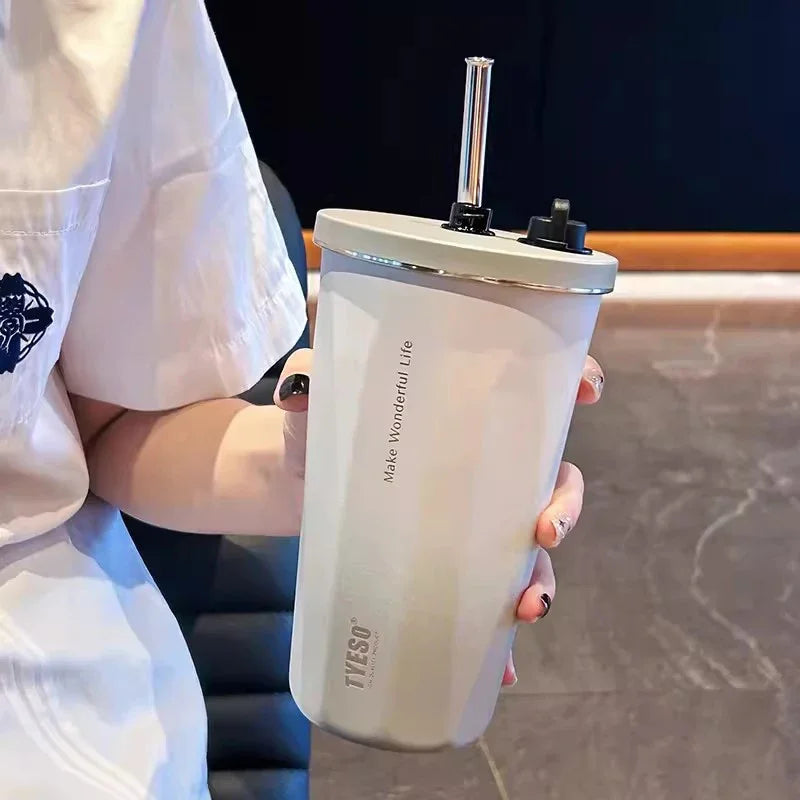 Kawaii Sainless Steel Tumbler for Coffee Car Mug Freeze Thermos Vacuum Flask Water Bottle with Straw Keep Cold Hot Cup 600Ml