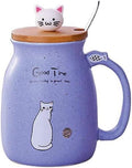 Sharmee Cute Ceramic Cat Mugs with Spoon and Wooden Lid, Tea Cup Coffee Water Milk Mug for Home Office Drinkware Gift 420Ml/18.2Oz(Purple)