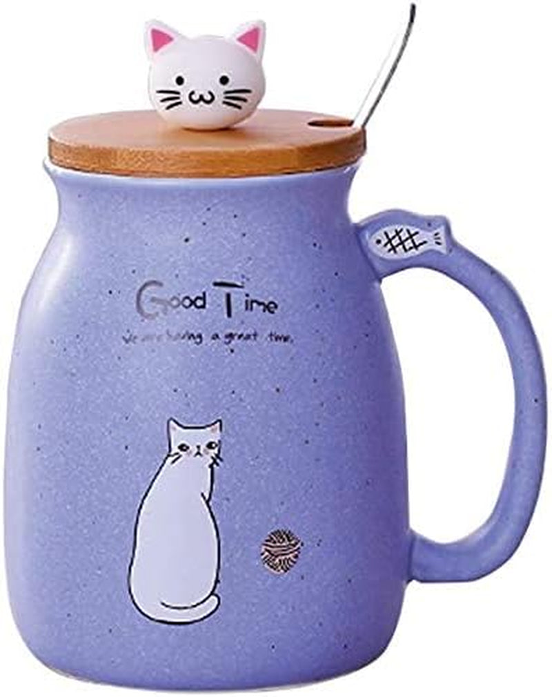 Sharmee Cute Ceramic Cat Mugs with Spoon and Wooden Lid, Tea Cup Coffee Water Milk Mug for Home Office Drinkware Gift 420Ml/18.2Oz(Purple)