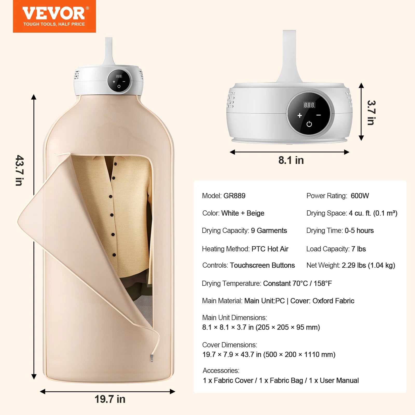 Portable Clothes Dryer, Clothes Dryer with Dryer Bag, PTC Heating & LED Display, Foldable Mini Dryer with 5-H Timer - 600W