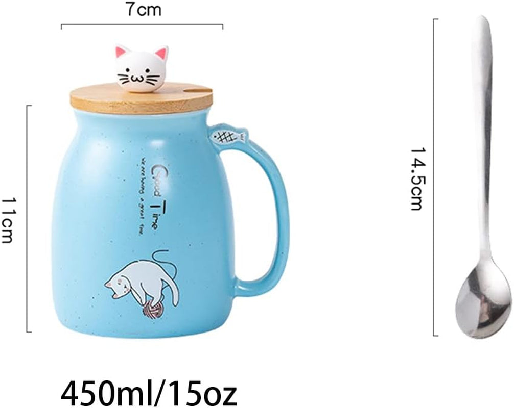 Sharmee Cute Ceramic Cat Mugs with Spoon and Wooden Lid, Tea Cup Coffee Water Milk Mug for Home Office Drinkware Gift 420Ml/18.2Oz(Purple)