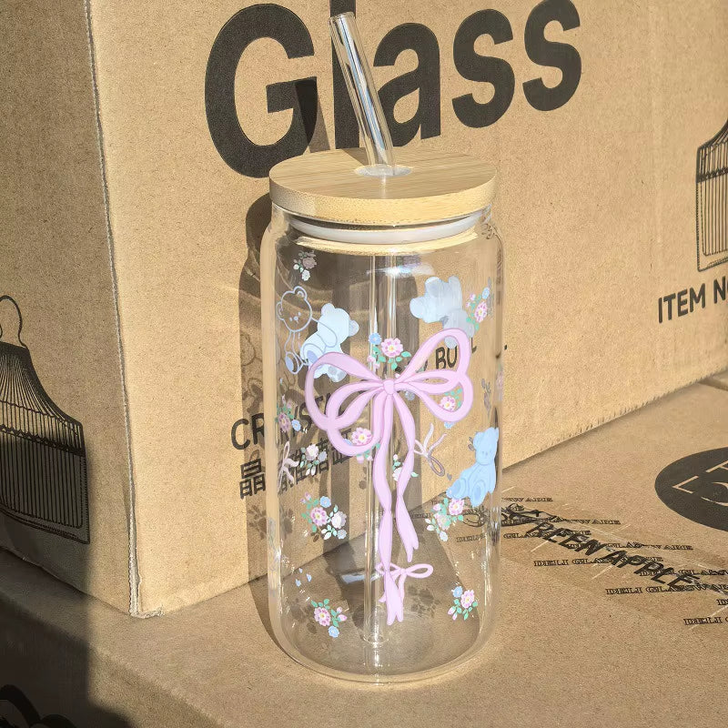 500Ml Cute Bow Glass Cup Tumbler Mason Jar Shaped Water Bottle with Lids Straw Coffee Cups Party Gift for Iced Coffee Juice Cup