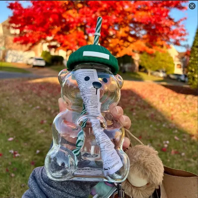 Large Capacity 500ML Cute Bear Glass Cup 2025 New Christmas Gift Durable for Coffee Beer Wine Cocktails Straw Mug ﻿
