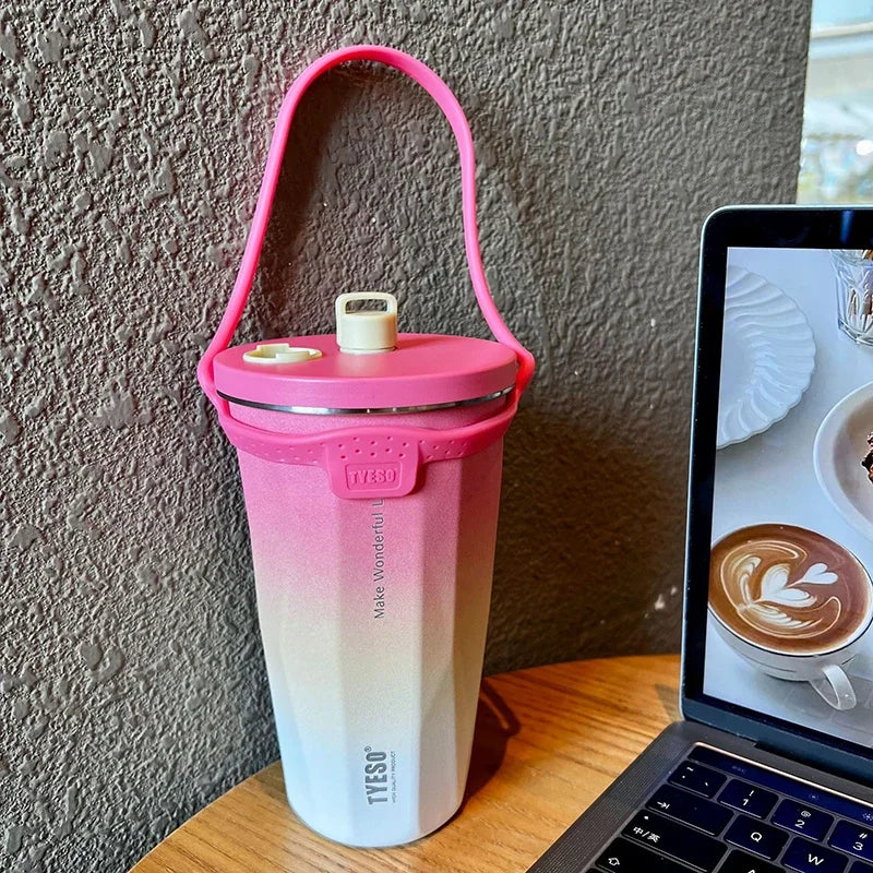 Kawaii Sainless Steel Tumbler for Coffee Car Mug Freeze Thermos Vacuum Flask Water Bottle with Straw Keep Cold Hot Cup 600Ml