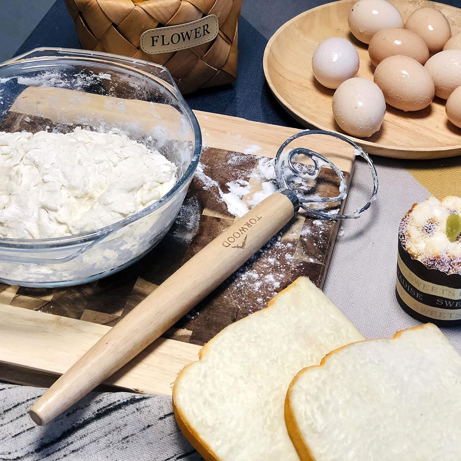 Danish Dough Whisk Bread Mixer Large 13.5 Inches Stainless Steel Wooden Dutch Hook for Baking, Loaves, Pastries and Pizza, Comes with a Dough Scraper