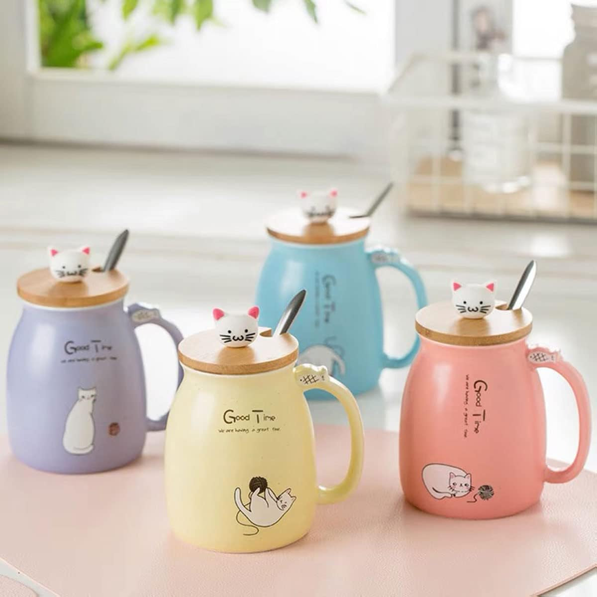 Cute Kawaii Ceramic Mug with Lid and Spoon for Tea, Coffee, Milk - Pink Gift Cup 450Ml/15Oz