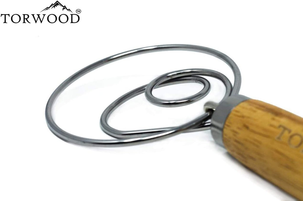 Danish Dough Whisk Bread Mixer Large 13.5 Inches Stainless Steel Wooden Dutch Hook for Baking, Loaves, Pastries and Pizza, Comes with a Dough Scraper