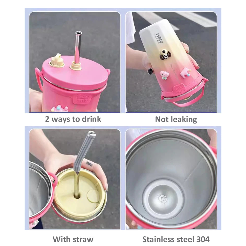 Kawaii Sainless Steel Tumbler for Coffee Car Mug Freeze Thermos Vacuum Flask Water Bottle with Straw Keep Cold Hot Cup 600Ml