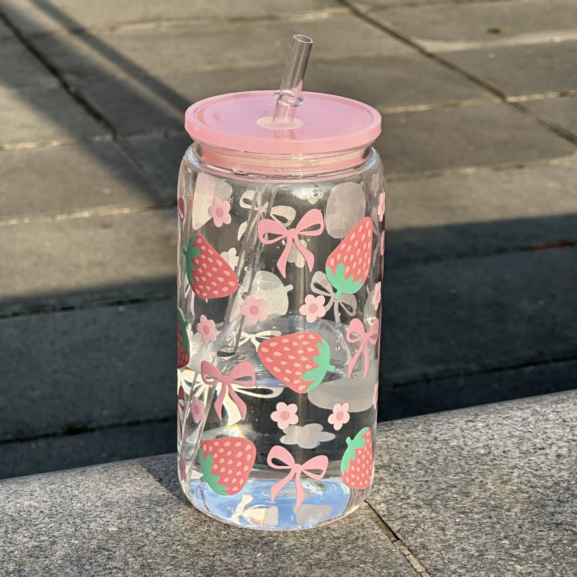 500Ml Cute Bow Glass Cup Tumbler Mason Jar Shaped Water Bottle with Lids Straw Coffee Cups Party Gift for Iced Coffee Juice Cup
