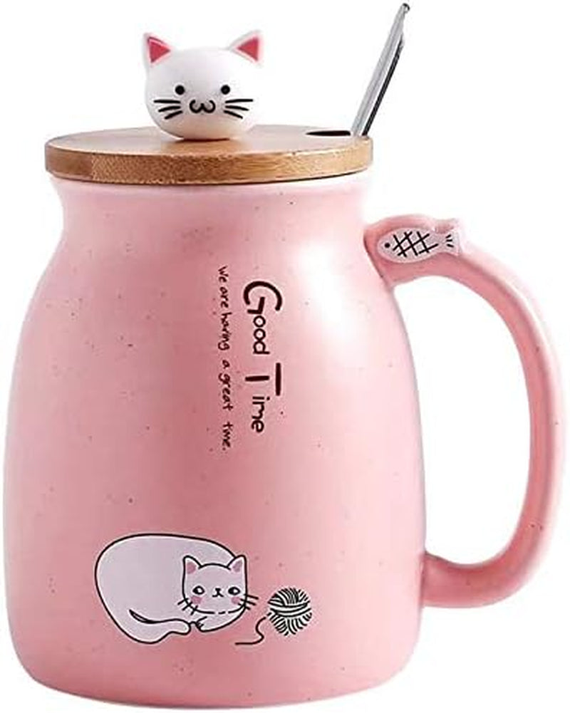 Cute Kawaii Ceramic Mug with Lid and Spoon for Tea, Coffee, Milk - Pink Gift Cup 450Ml/15Oz