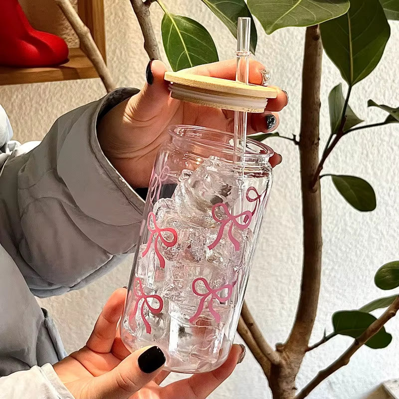 500Ml Cute Bow Glass Cup Tumbler Mason Jar Shaped Water Bottle with Lids Straw Coffee Cups Party Gift for Iced Coffee Juice Cup