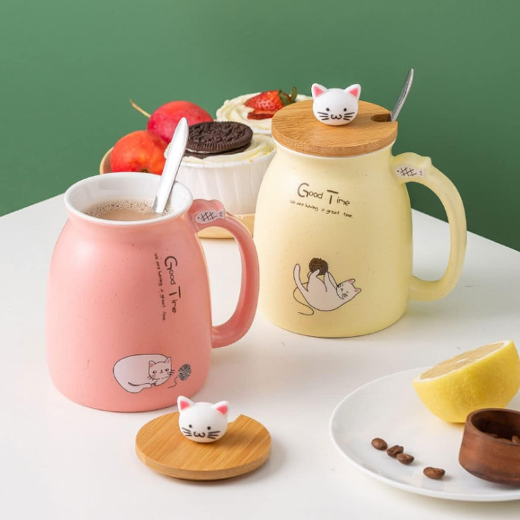 Cute Kawaii Ceramic Mug with Lid and Spoon for Tea, Coffee, Milk - Pink Gift Cup 450Ml/15Oz