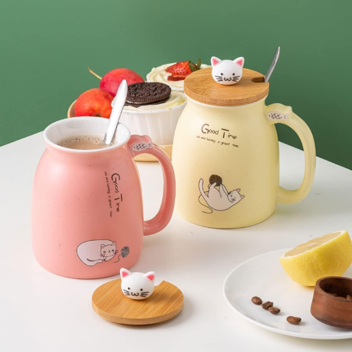 Cute Kawaii Ceramic Mug with Lid and Spoon for Tea, Coffee, Milk - Pink Gift Cup 450Ml/15Oz