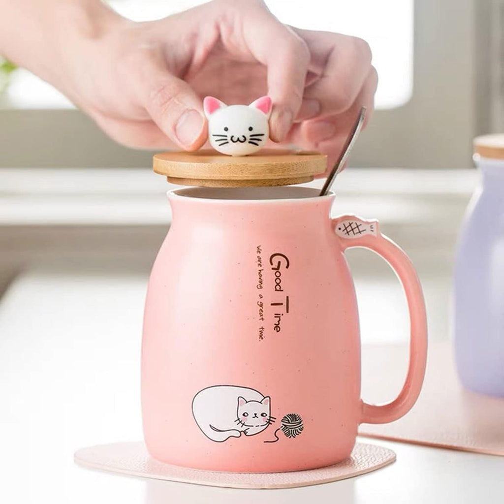 Cute Kawaii Ceramic Mug with Lid and Spoon for Tea, Coffee, Milk - Pink Gift Cup 450Ml/15Oz