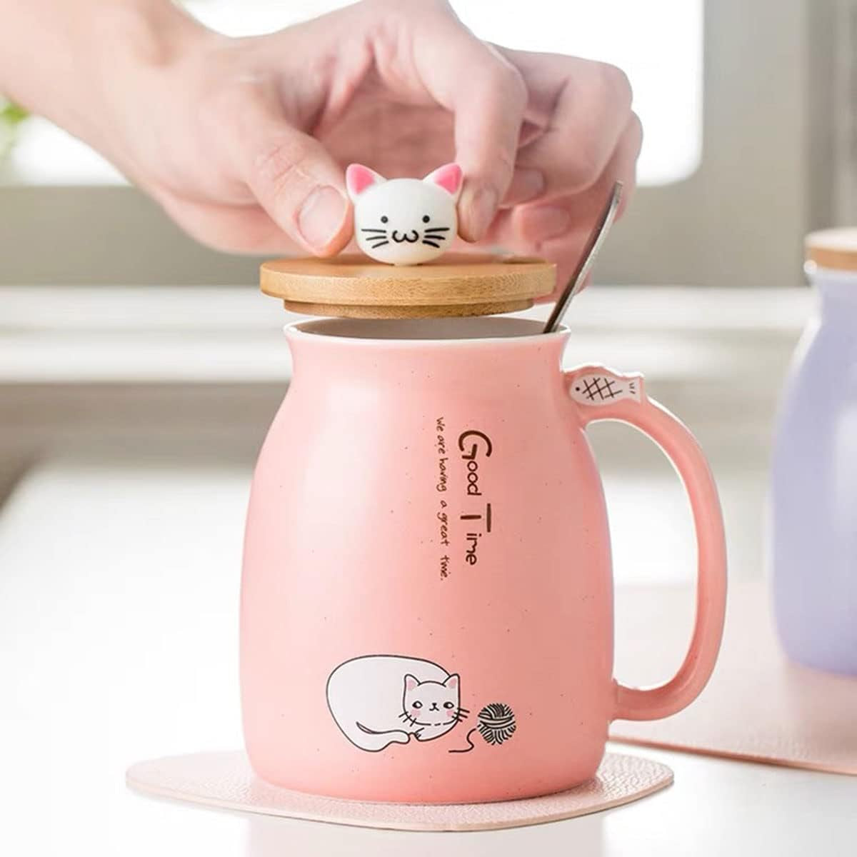 Cute Kawaii Ceramic Mug with Lid and Spoon for Tea, Coffee, Milk - Pink Gift Cup 450Ml/15Oz