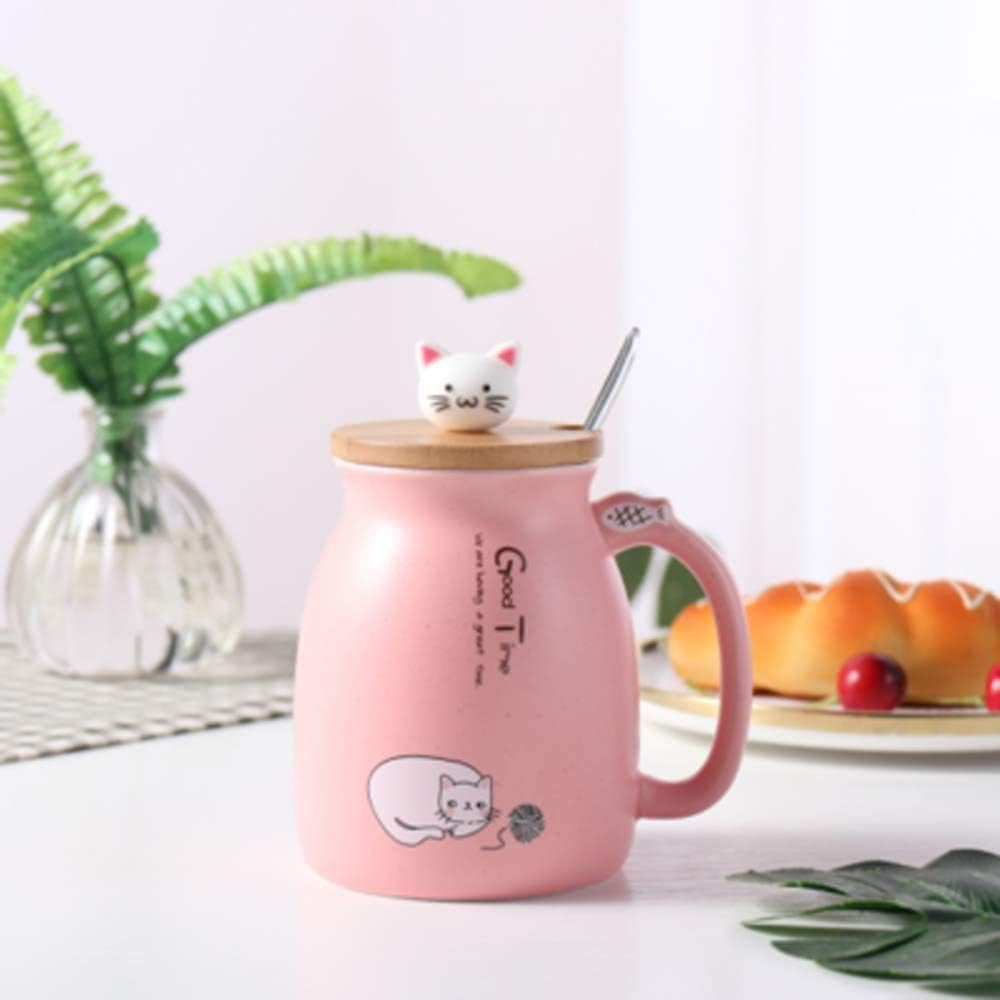 Cute Kawaii Ceramic Mug with Lid and Spoon for Tea, Coffee, Milk - Pink Gift Cup 450Ml/15Oz