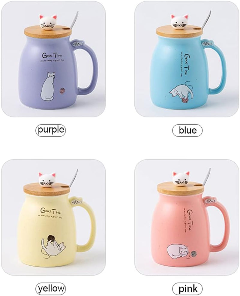 Sharmee Cute Ceramic Cat Mugs with Spoon and Wooden Lid, Tea Cup Coffee Water Milk Mug for Home Office Drinkware Gift 420Ml/18.2Oz(Purple)