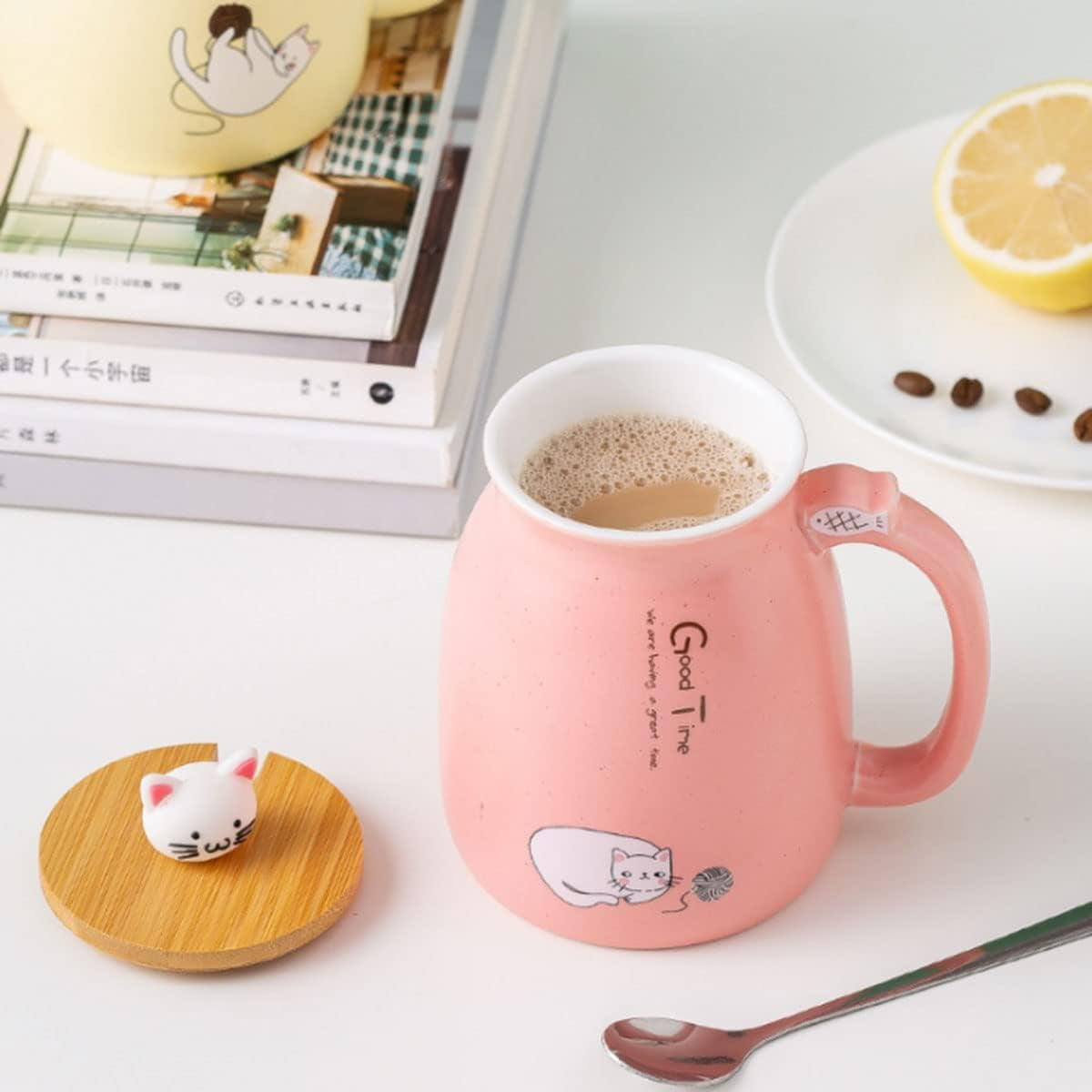 Cute Kawaii Ceramic Mug with Lid and Spoon for Tea, Coffee, Milk - Pink Gift Cup 450Ml/15Oz
