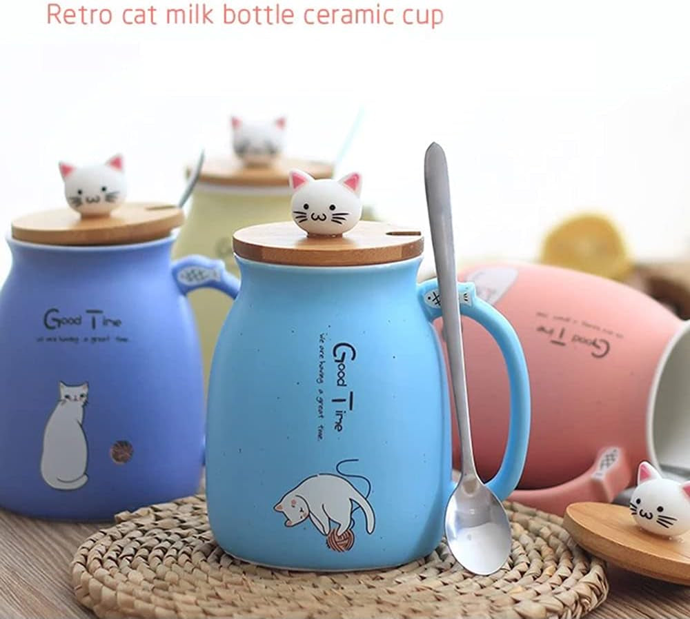 Sharmee Cute Ceramic Cat Mugs with Spoon and Wooden Lid, Tea Cup Coffee Water Milk Mug for Home Office Drinkware Gift 420Ml/18.2Oz(Purple)