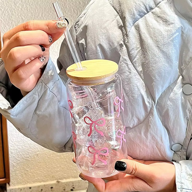 500Ml Cute Bow Glass Cup Tumbler Mason Jar Shaped Water Bottle with Lids Straw Coffee Cups Party Gift for Iced Coffee Juice Cup