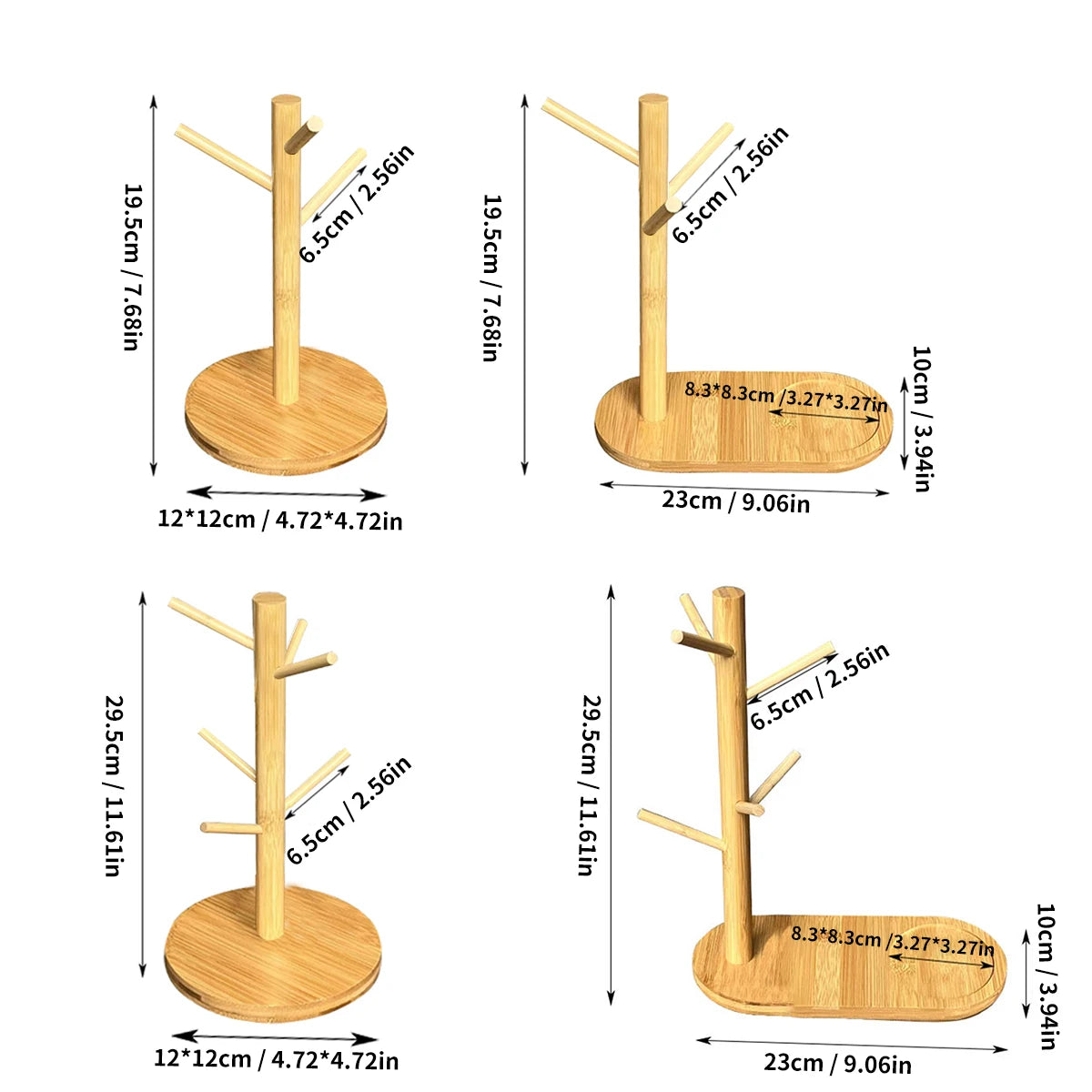 Mug Tree Holder - Bamboo Coffee Cup Rack with 3/6 Hooks, Non-Slip Kitchen Organizer for Counter, Perfect for Home & Cafe Decor