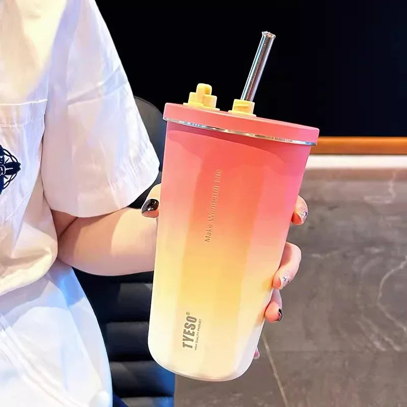 Kawaii Sainless Steel Tumbler for Coffee Car Mug Freeze Thermos Vacuum Flask Water Bottle with Straw Keep Cold Hot Cup 600Ml